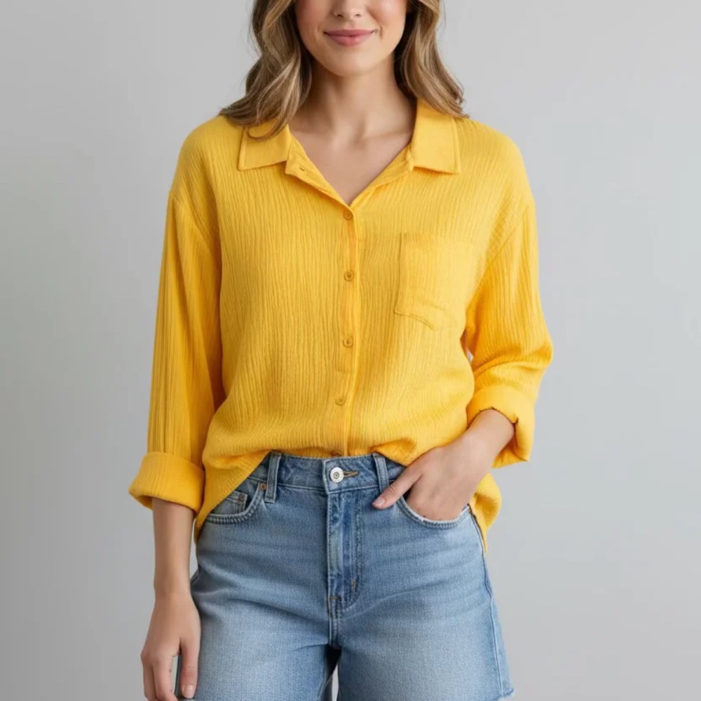 NWT Bright and Sunny Yellow Cotton Gauze Button down Shirt